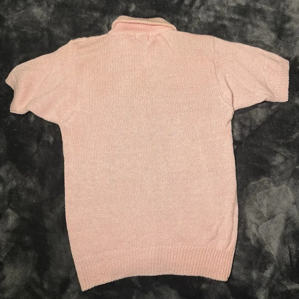 Tian Collection Pink Short Sleeve Cable Knit Cardigan Sweater Sz S Vtg Chunky